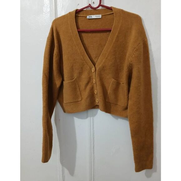 Zara womens medium cropped boxy soft wool camel brown sweater - Picture 2 of 7